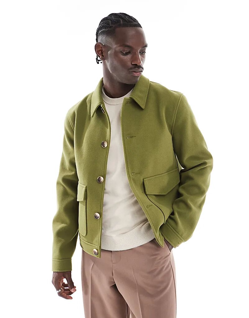 

Куртка харрингтон из шерсти с карманами цвета хаки ASOS DESIGN