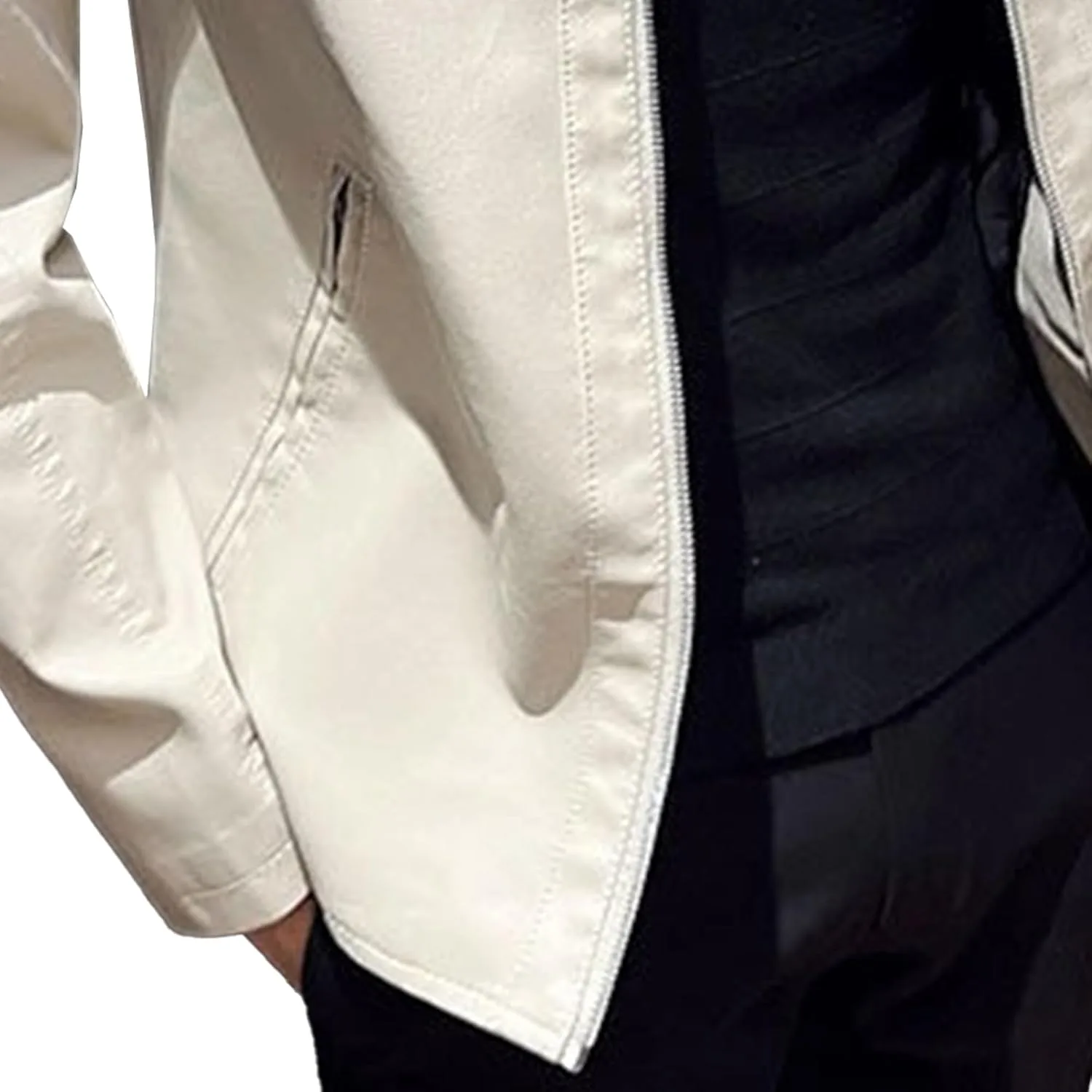 Мужская весенняя куртка Slim Fit из искусственной кожи в винтажном стиле с молнией Generic, белый — фото 2