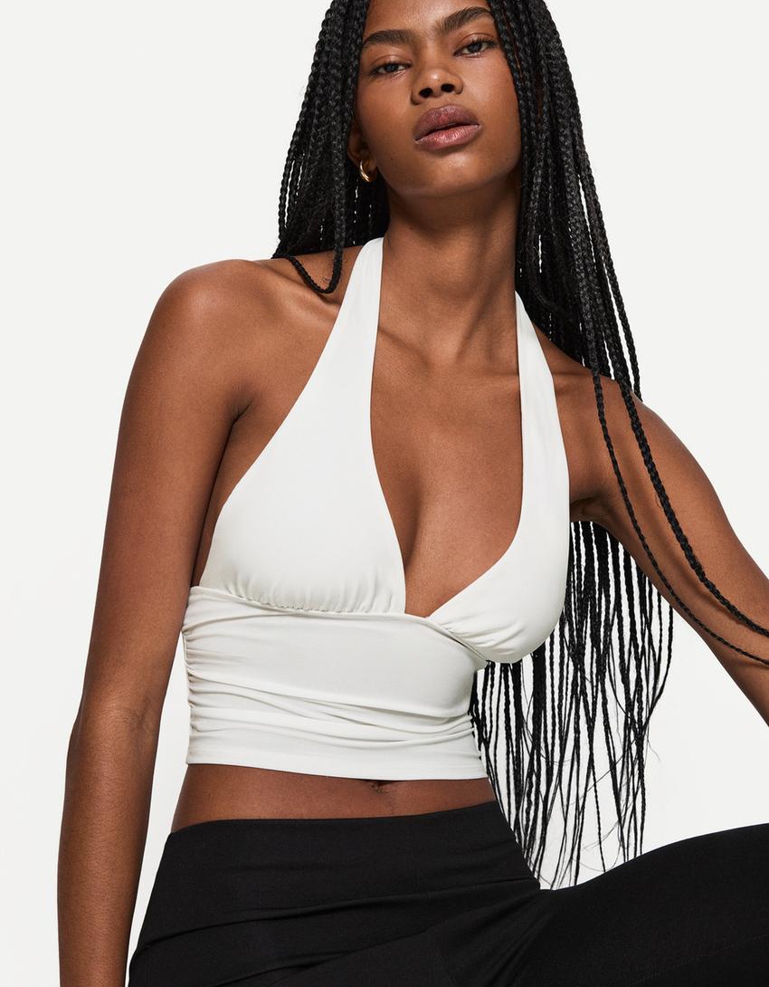 

Топ с завязками на шее и сборками Bershka, бежевый