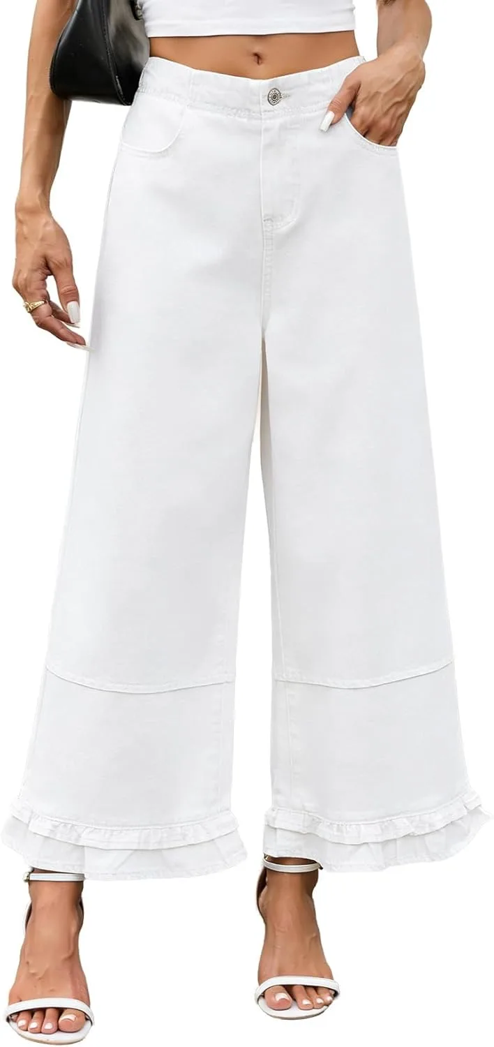 

Женские джинсы Wide Leg летние Casual Gingham с эластичным поясом и рюшами