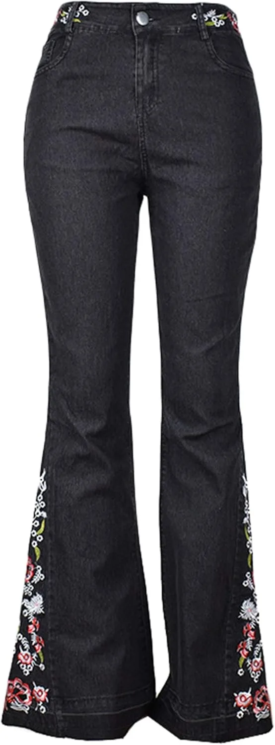 

Andongnywell женские джинсы с цветочной вышивкой mid-rise bell bottom