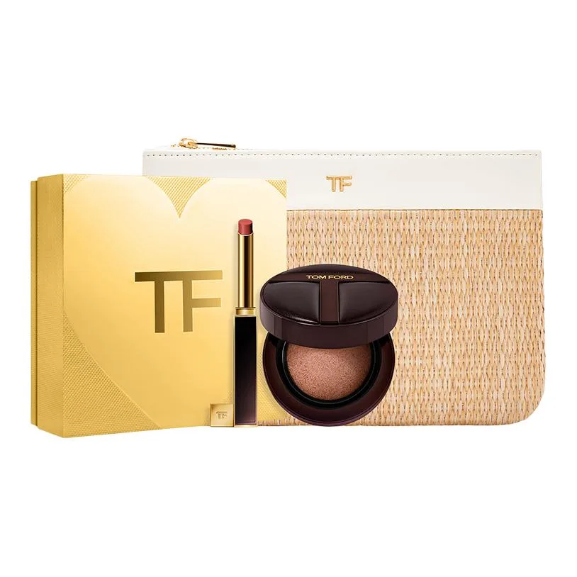 TOM FORD Набор макияжа TF Ultra Fine Tube Lipstick Cushion Box Limited Edition из трех предметов, Three-Piece Set: Brand-New Long-Wear Air Cushion 12g+Ultra Fine Tube #152 0.9g+White Straw Woven Clutch