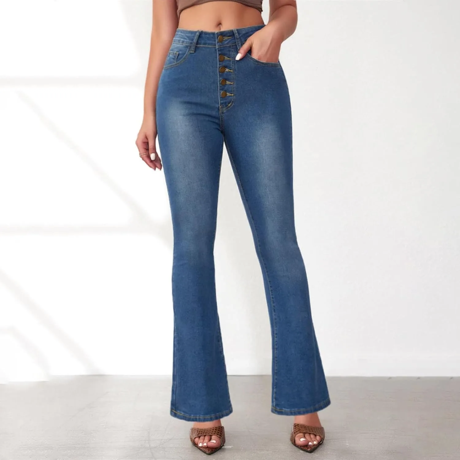 Джинсы High Waisted для женщин Flare Wide Leg с карманом — фото 2