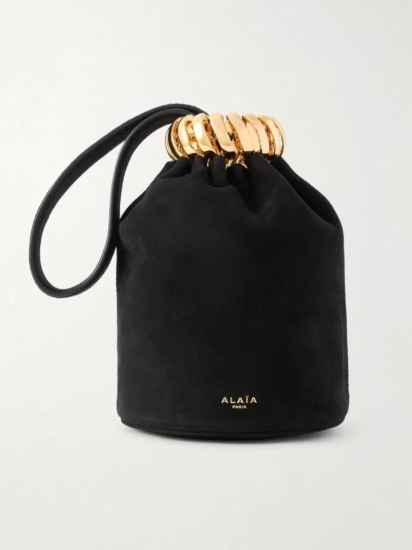 Alaïa Кожаная сумка-ведро из замши с отделкой под золото, черный