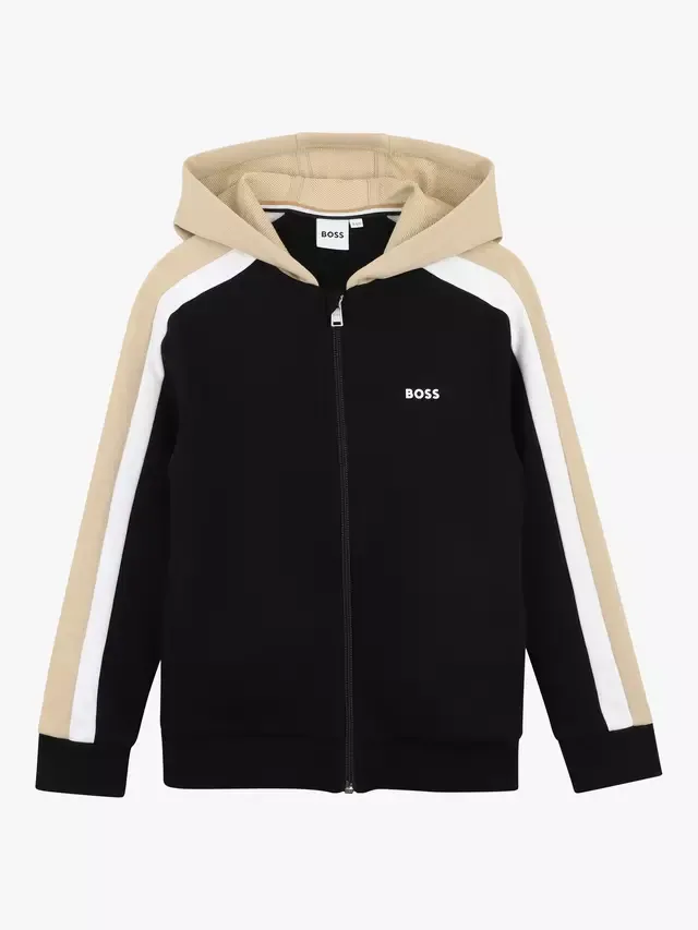 Детская толстовка с капюшоном на молнии и полосками на рукавах, черная HUGO BOSS