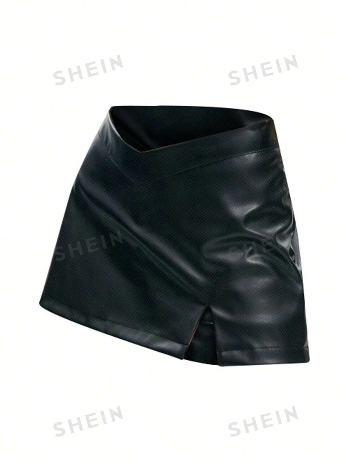 

EZwear Короткая юбка из искусственной кожи, талия V-образная, разрез Shein, черный