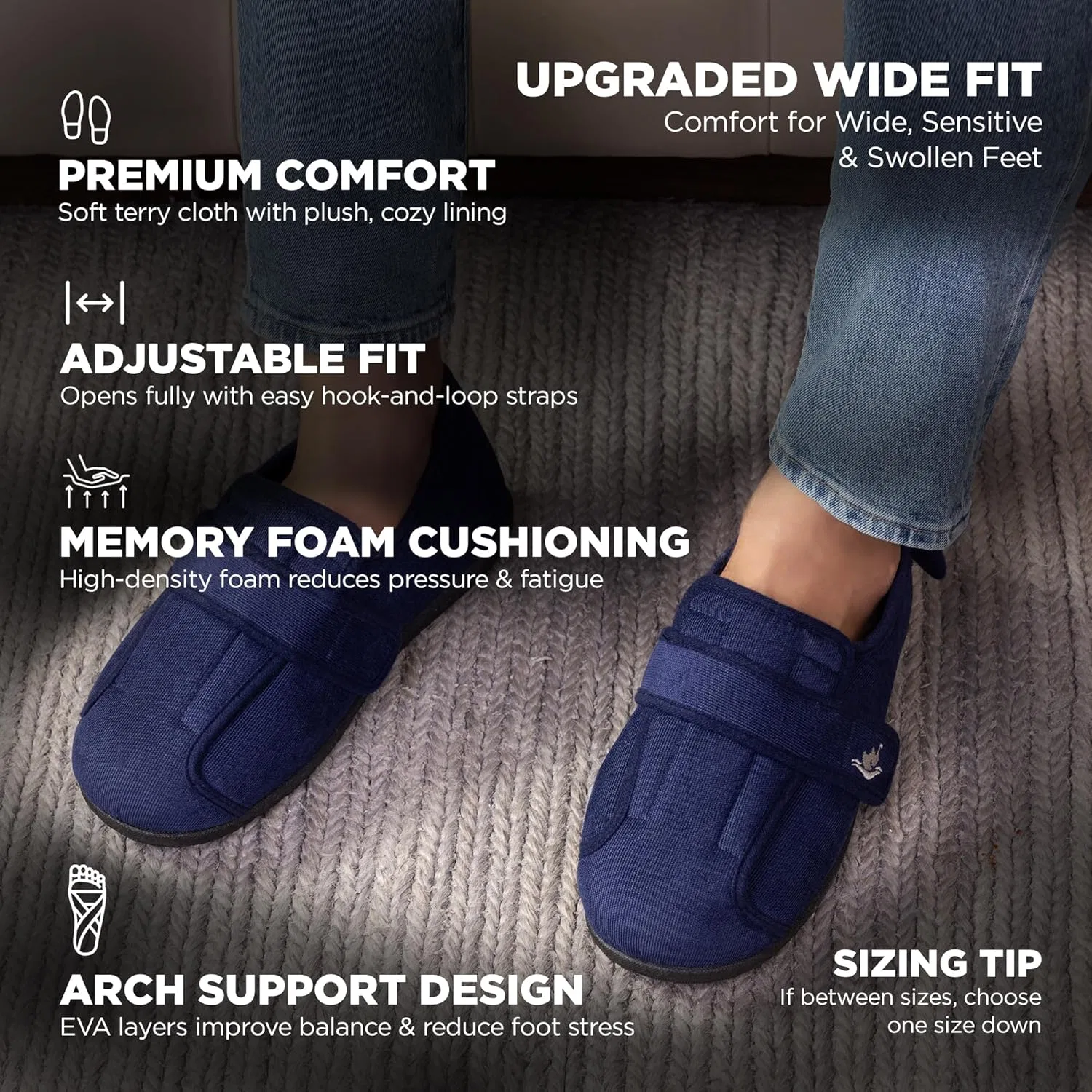 Тапочки на широкую ногу с регулировкой, Memory Foam, Navy Blue EUROPEAN SOFTEST — фото 2