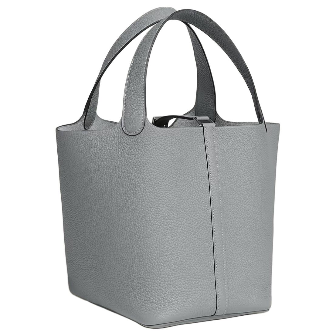 HERMES Пикотин Лок Маленький Бычок кожаная корзина сумка ведро женская кукольная серая — фото 3