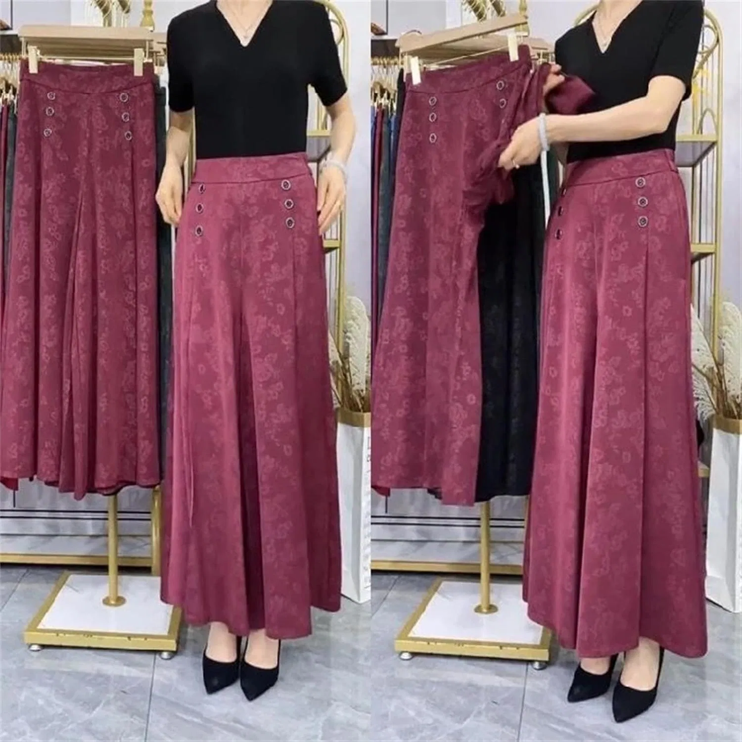 Женские брюки Wide Leg, летние повседневные тонкие брюки с принтом на высокой талии Cropped Generic, красный — фото 4