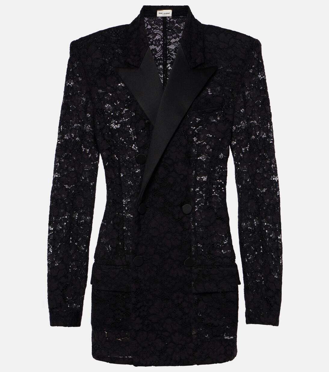 

Смокинг-жакет из гипюрового кружева с атласной отделкой Saint Laurent, черный