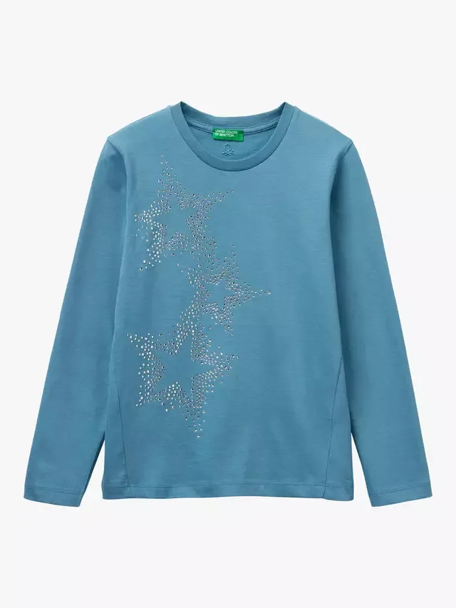 Детская хлопковая футболка со стразами и звездочками, синяя Benetton