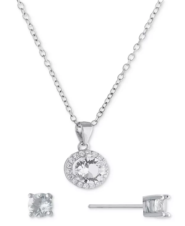 

Комплект из двух кулонов с ореолом из кристаллов и кубических цирконий и серег-гвоздиков с солитерами, созданный для Macy's. Giani Bernini, silver