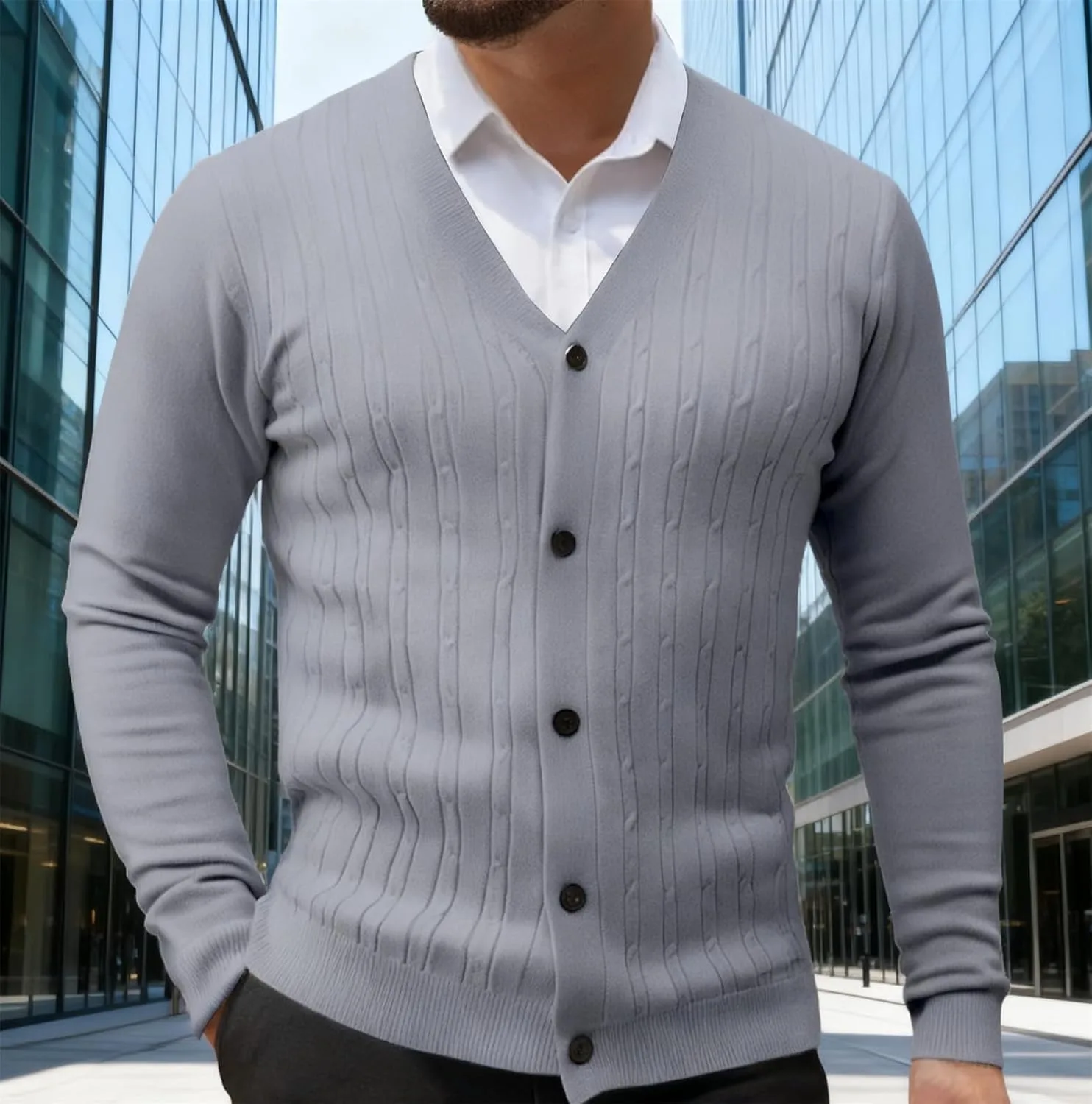 Кардиган мужской V-образный вырез на пуговицах, длинный рукав, slim fit — фото 3