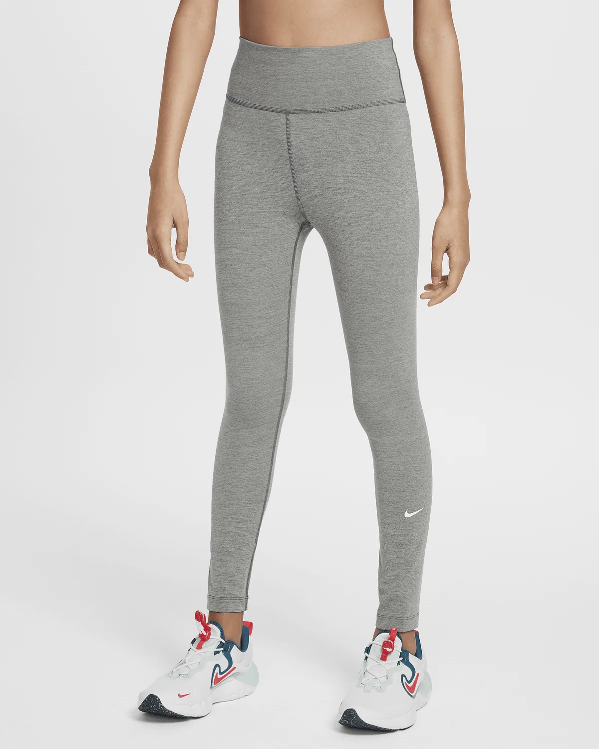 Большие детские (девочки) лосины Nike One Dri-FIT с высокой талией, Smoke Grey/Light Smoke Grey/Heather/White