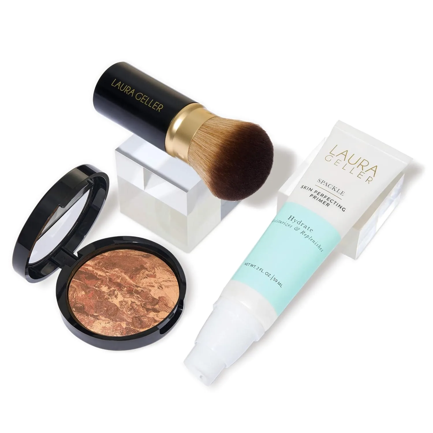 Набор для лица LAURA GELLER NEW YORK Face the Day Kit (3 PC) - тональная основа Balance-n-Brighten, оттенок Toffee, праймер для идеальной кожи Spackle, круглая кисть для макияжа Hydrate + Airbrush Kabuki, Brown