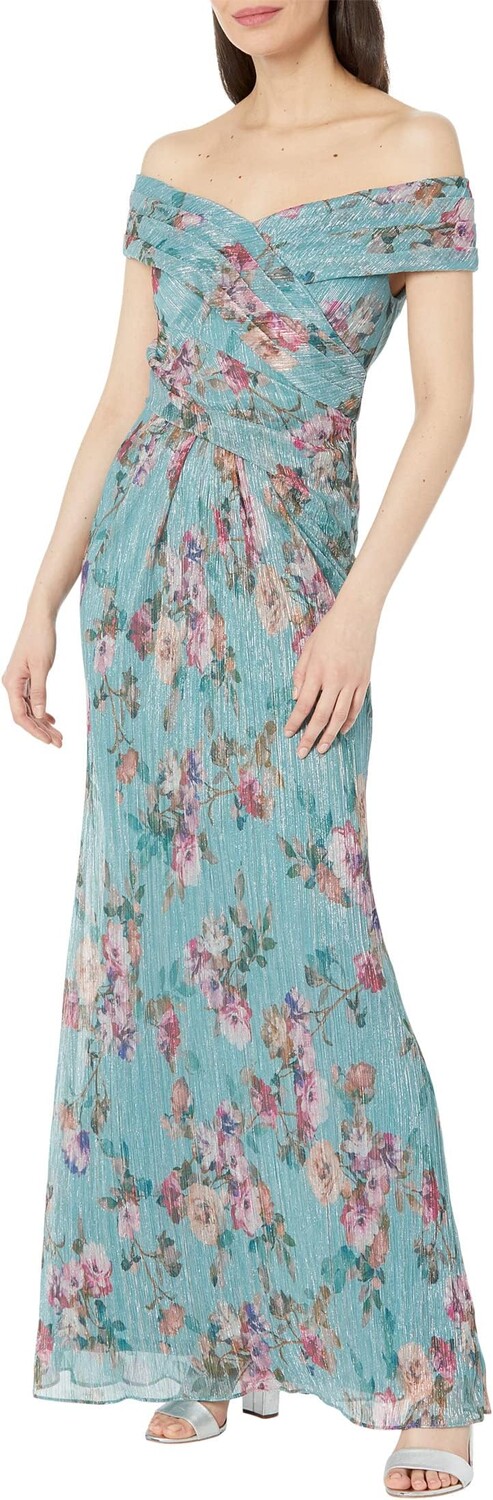 

Платье Adrianna Papell Off-the-Shoulder Printed Metallic Crinkle Ruched Gown, цвет Aqua Multi