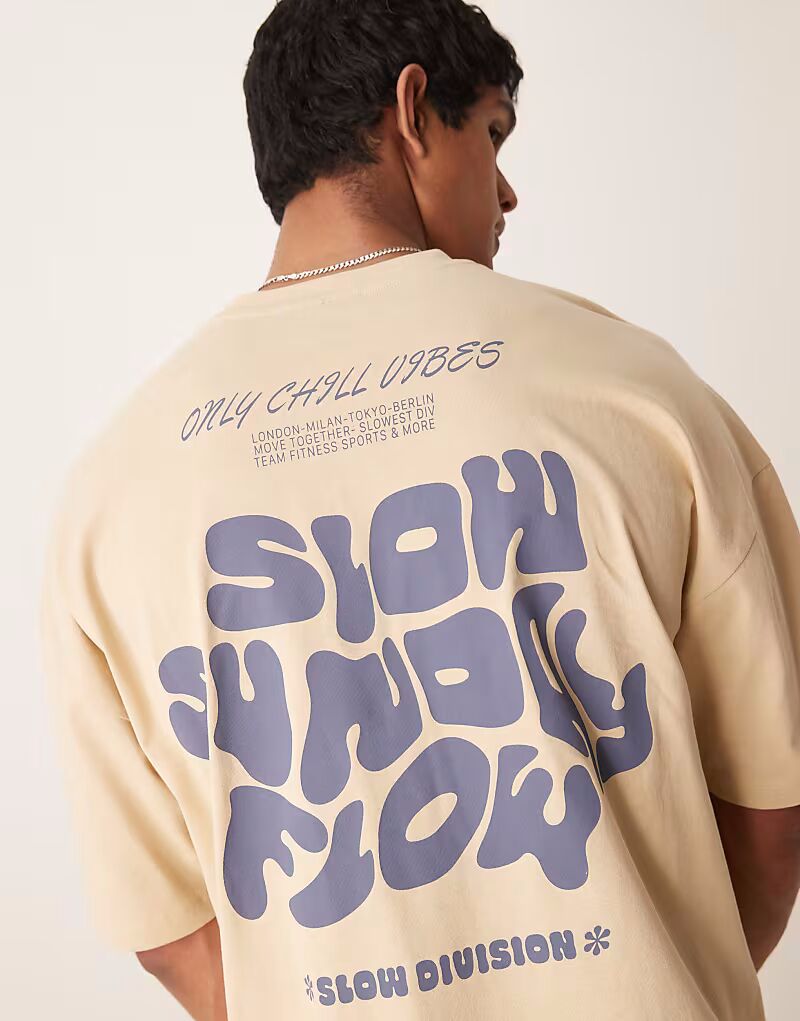 

Футболка свободного кроя ASOS DESIGN с заниженной линией плеч и принтом Slow Sunday цвета хаки