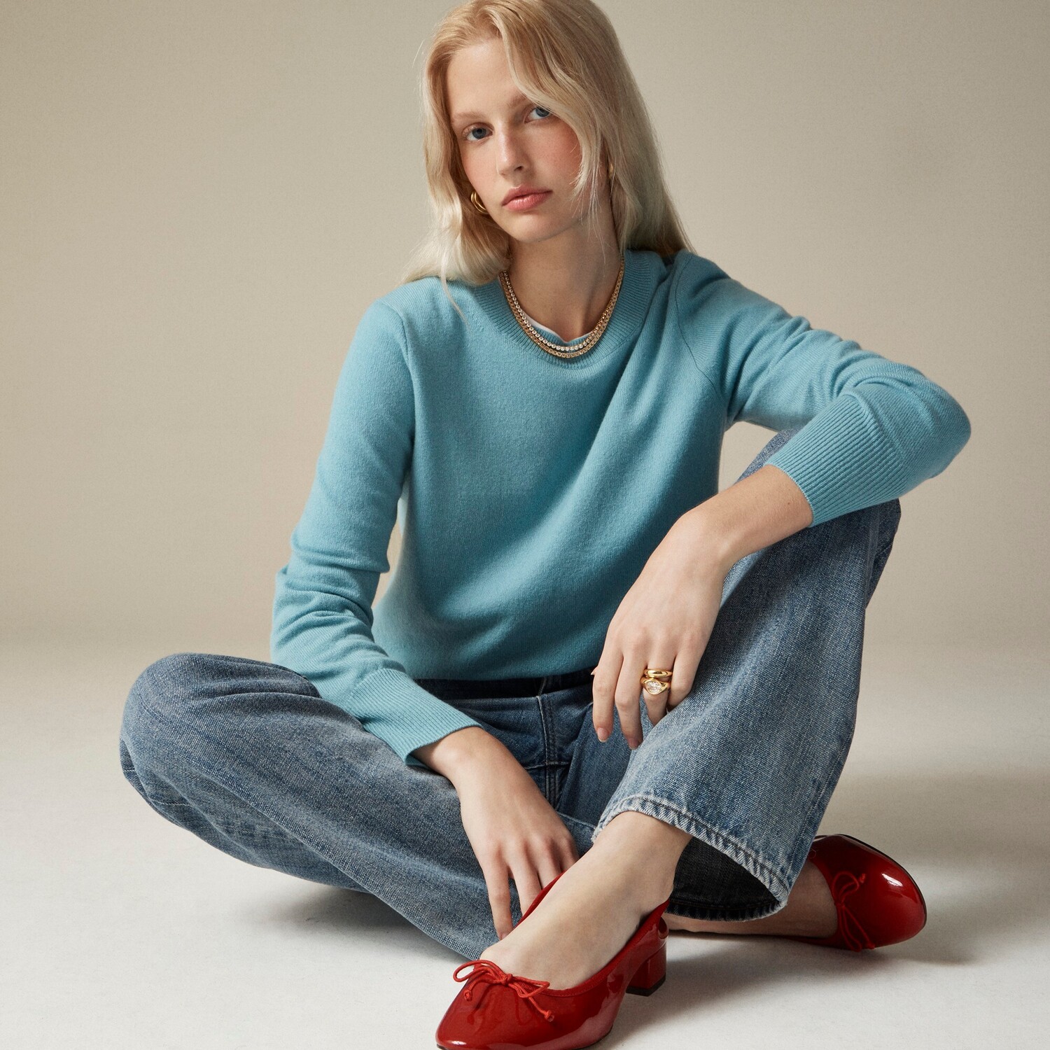 

Кашемировый свитер классического кроя с круглым вырезом J.Crew, бирюзовый