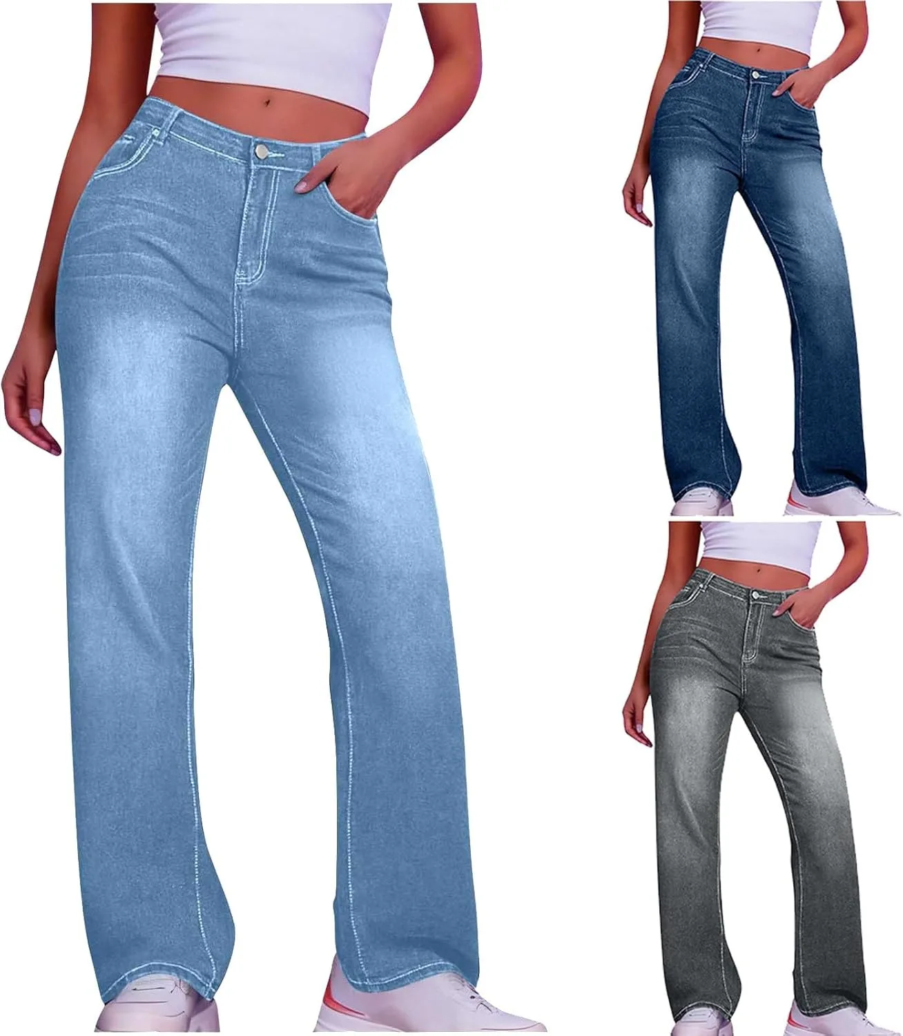 

Джинсы женские Straight Wide Leg High Waisted Stretchy