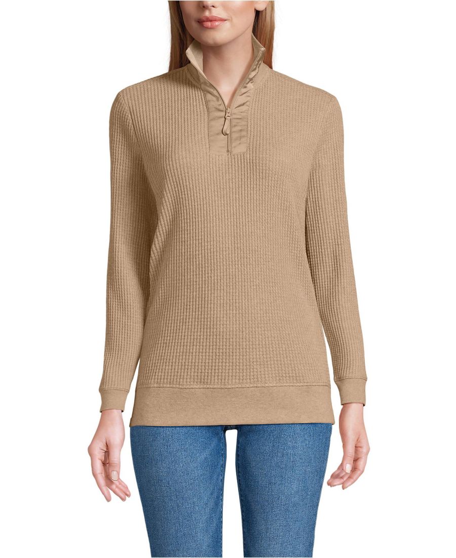 

Женская короткая толстовка с длинными рукавами и вафельной текстурой, на молнии до середины груди Lands' End, Light toffee heather