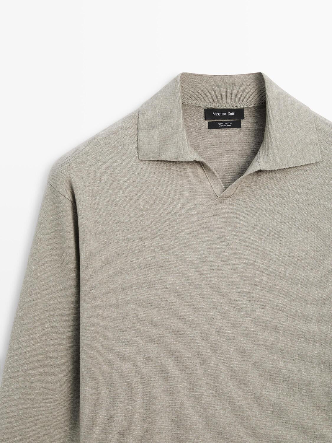 Вязаный хлопковый свитер-поло Massimo Dutti, greyish green — фото 4