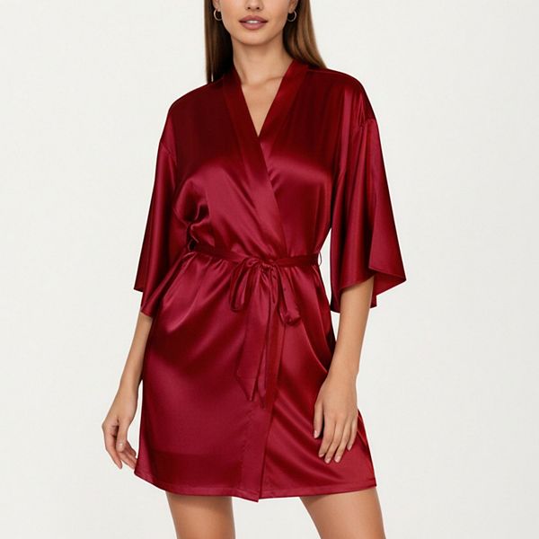 

Женский комплект из 2 предметов: атласное платье-комбинация и халат с запахом и струящимися рукавами Anna-Kaci, Burgundy