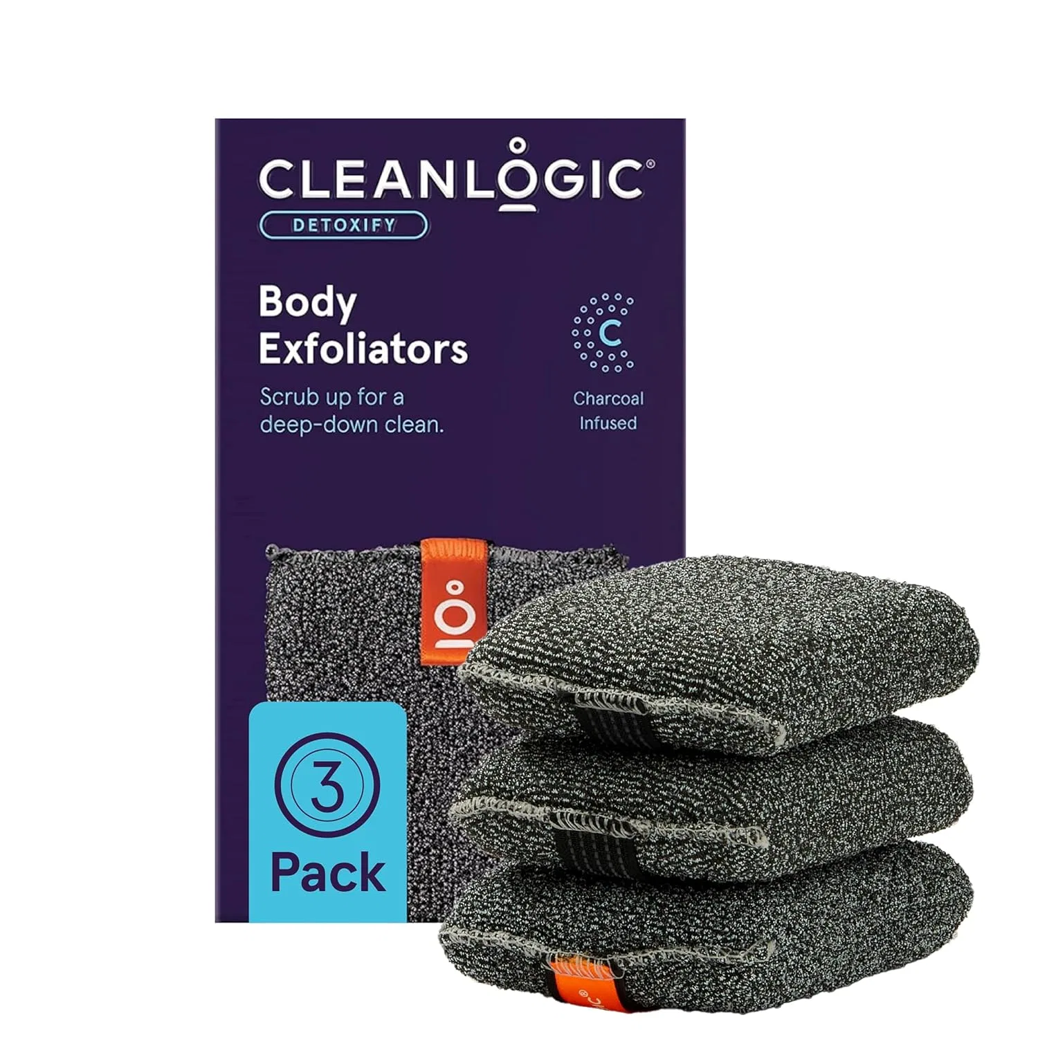 Отшелушивающая мочалка Cleanlogic Detoxify с древесным углем, 3 шт. Cleanlogic