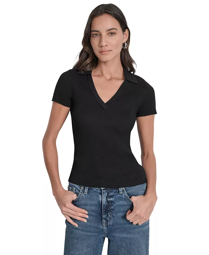 

Женский ребристый свитер-поло с V-образным вырезом DKNY Jeans, черный