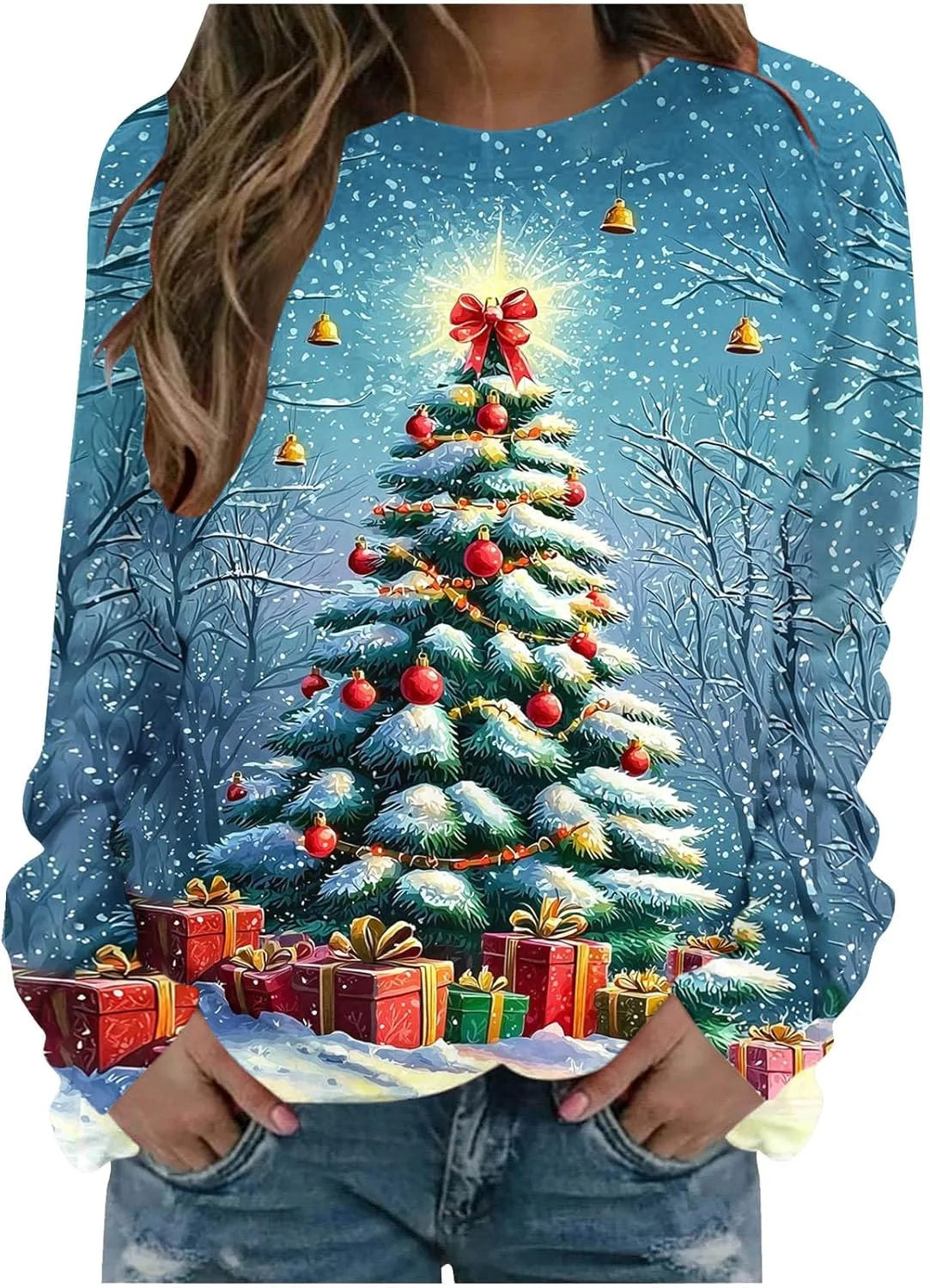 

Свитшот с новогодней елкой Women's 3D Printed, легкий, с длинным рукавом LMSXCT