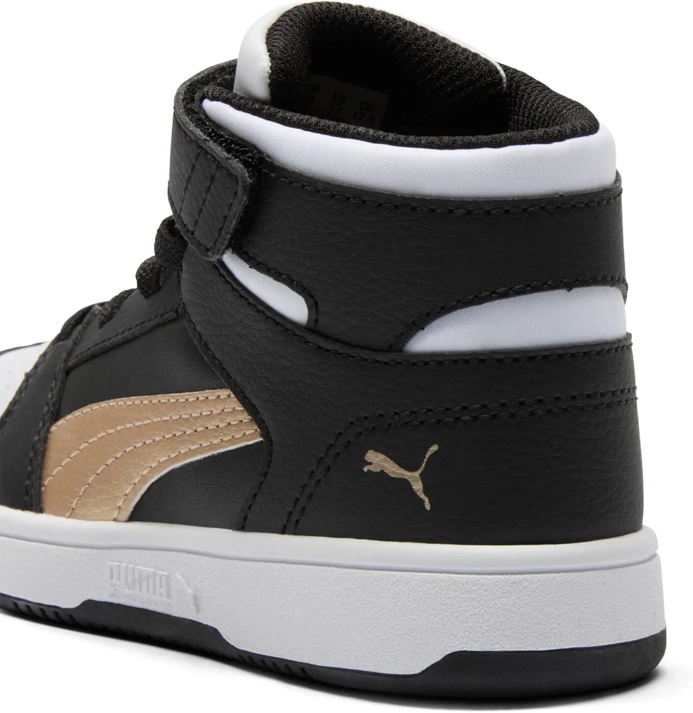 Кроссовки PUMA для детей Rebound Layup Mid на липучках, черный/золотой/белый — фото 3