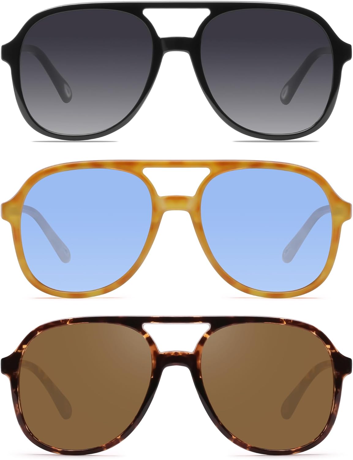 

Солнцезащитные очки-авиаторы YDAOWKN в стиле ретро, ​​квадратные, для женщин и мужчин, винтажные, 70-е годы, с двойной перемычкой, 3 Black/Grey+tortoise Shell/Brown+orangew Tortoise/Blue