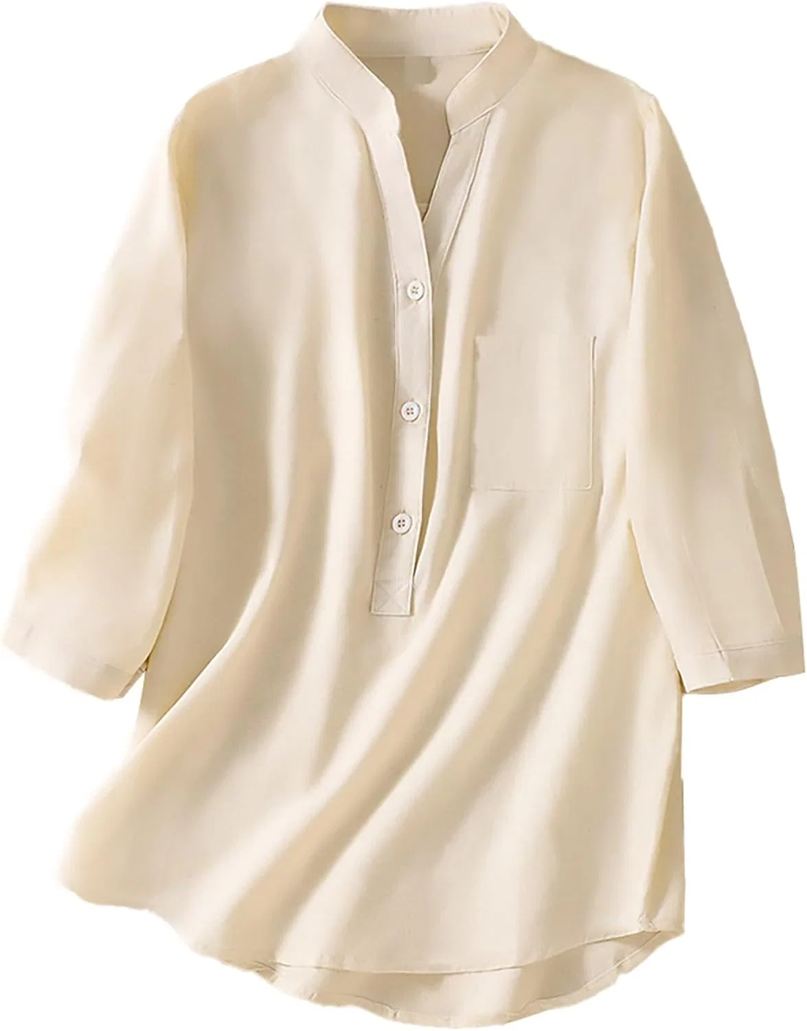 Блуза хлопковая и льняная с воротником-стойкой, Cotton and Linen Women Shirt Loose Mid Sleeve Top, бежевый