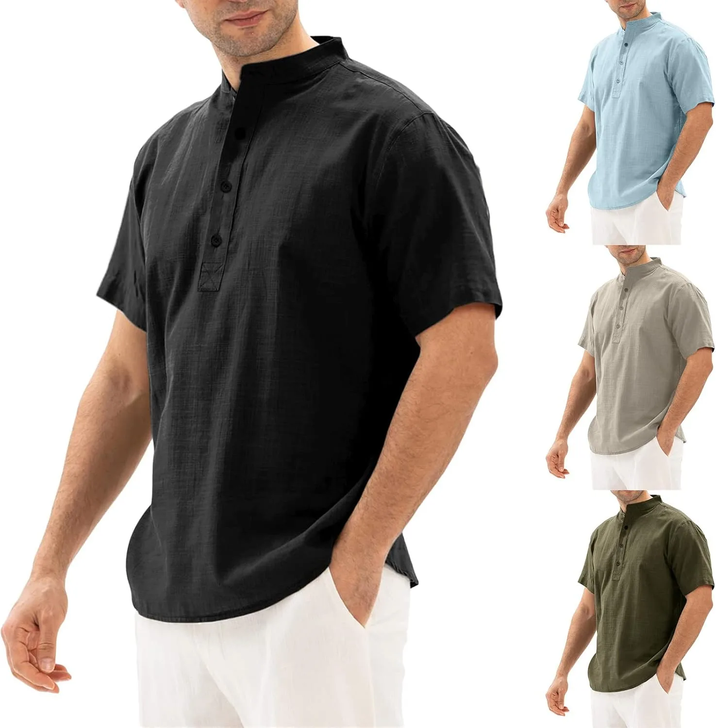 

Мужская льняная рубашка-поло с коротким рукавом и воротником-стойкой tuduoms