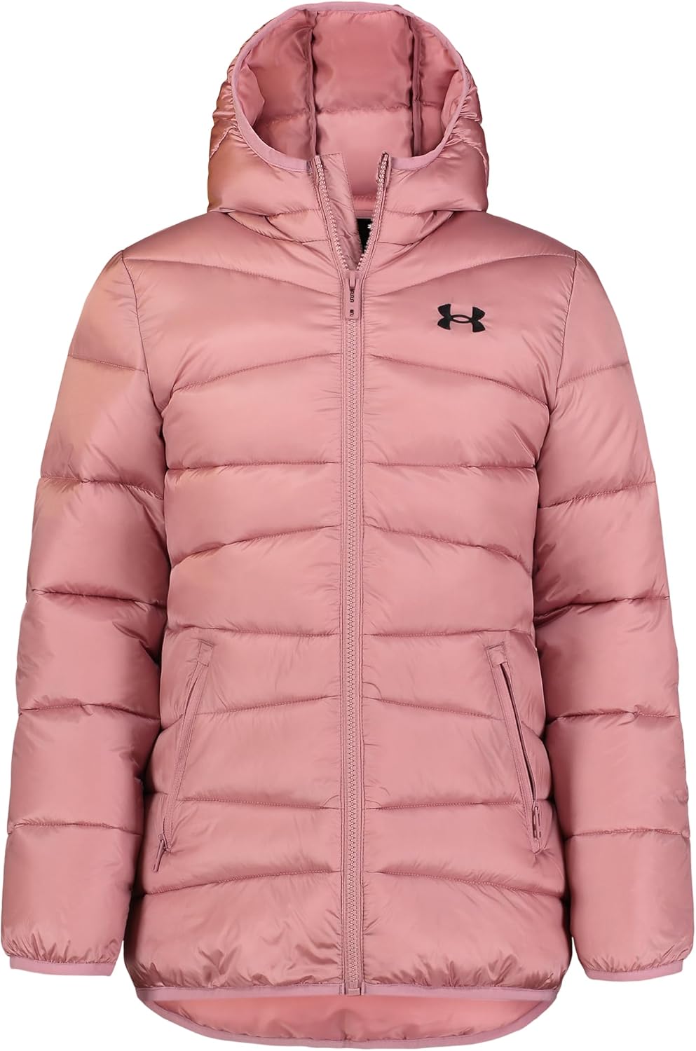 

Under Armour детская стеганая пуховая куртка, передние карманы и капюшон сзади, средней плотности и водоотталкивающая, Pink Elixir