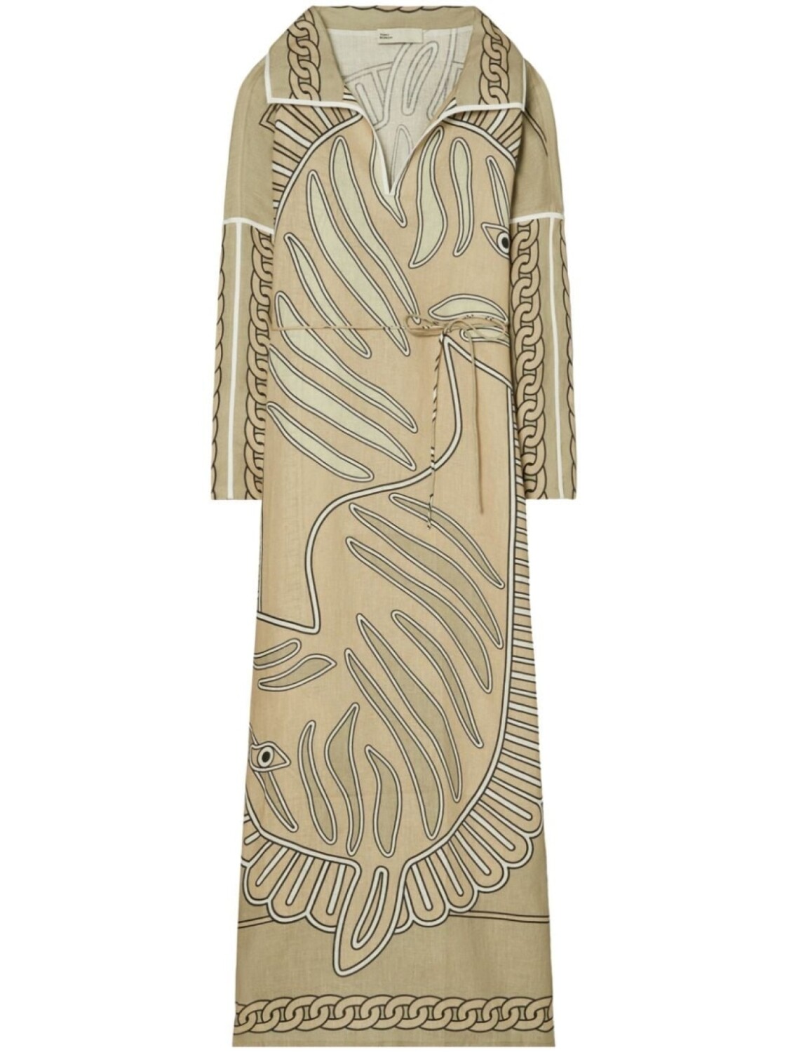 

Tory Burch льняное платье-кафтан с абстрактным узором, нейтральный цвет