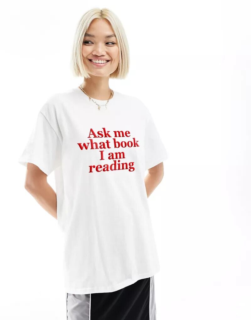 

Белая объемная футболка с принтом в виде книги ASOS