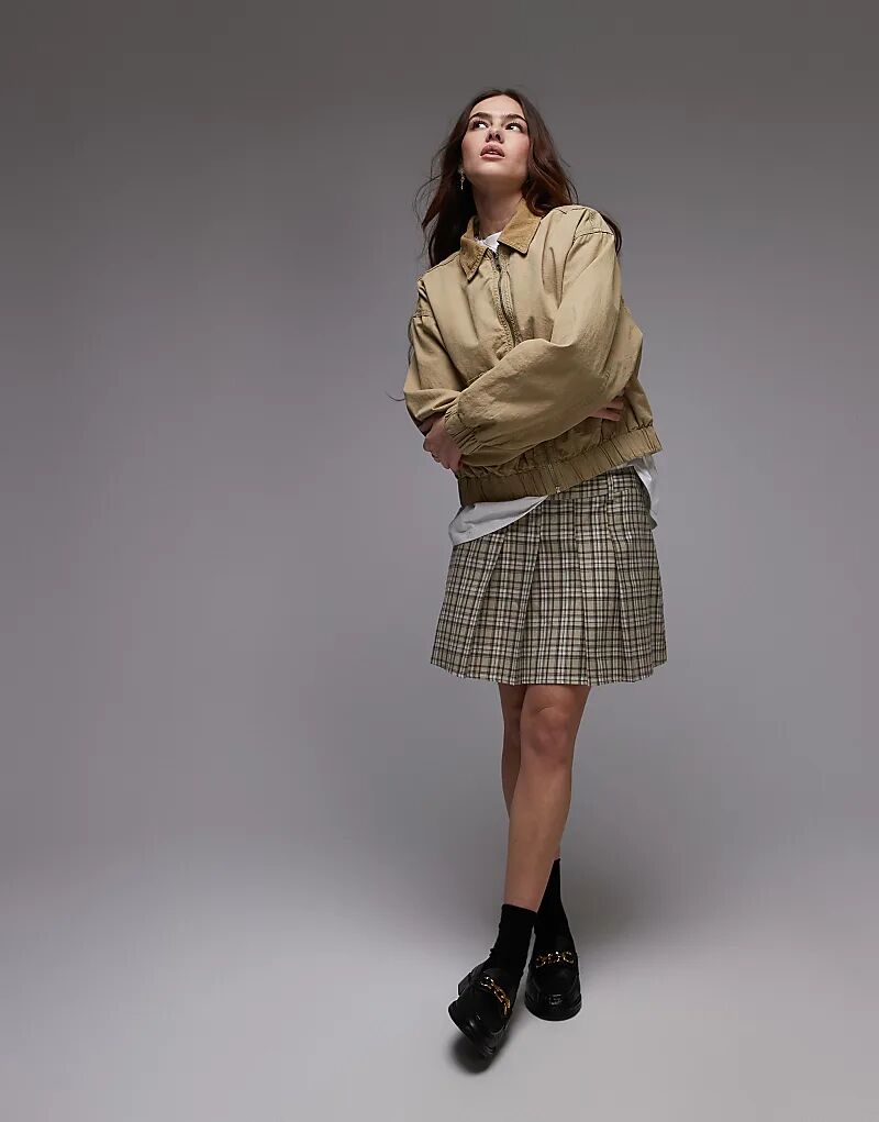 

Мини-юбка со складками в зеленую клетку Topshop