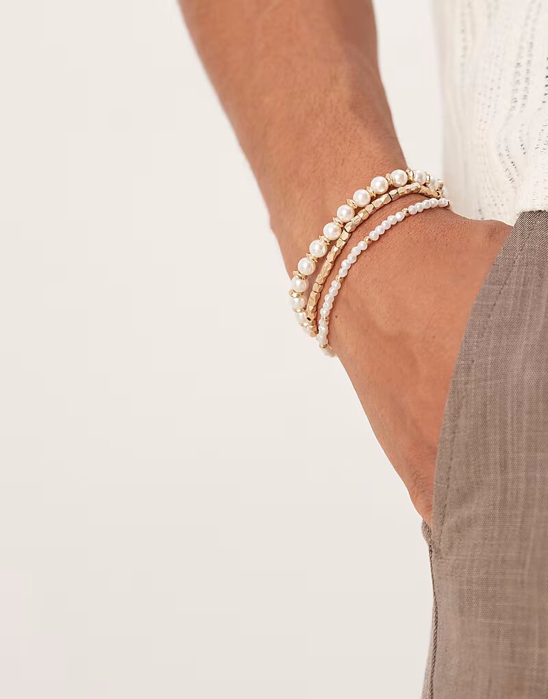 

Набор из 3 браслетов с жемчугом и металлическими бусинами в золоте Asos Design