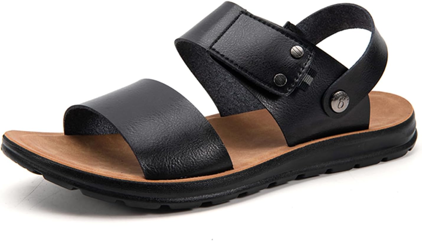 

Мужские кожаные сандалии Dacnakby, слипоны, шлепанцы, регулируемый ремешок, комфортная стелька, повседневная летняя обувь для пляжа и улицы, черный/коричневый