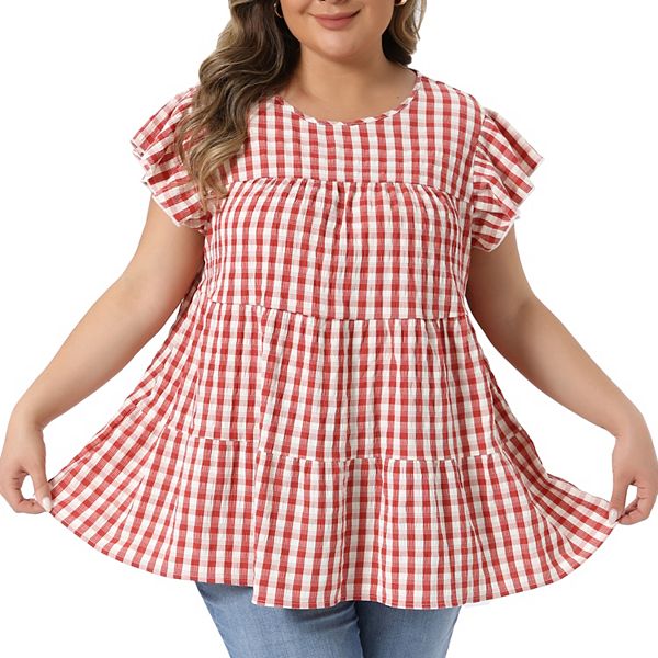 

Блуза женская plus size gingham с круглым вырезом и короткими рукавами фонарик Agnes Orinda, Red