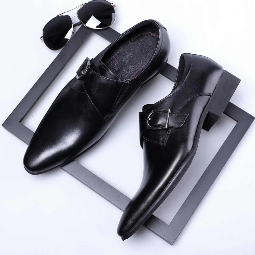 Мужские туфли Monk Strap Классические Ретро Формальные Деловые Лоферы Легкие Кожаные Слипоны Комфортные Носка Низкий Каблук Заостренный Носок Платиновая Пряжка Лоферы Оксфорды для Повседневной Элегантной Работы, Офиса и Свадьбы Geerta, черный — фото 4
