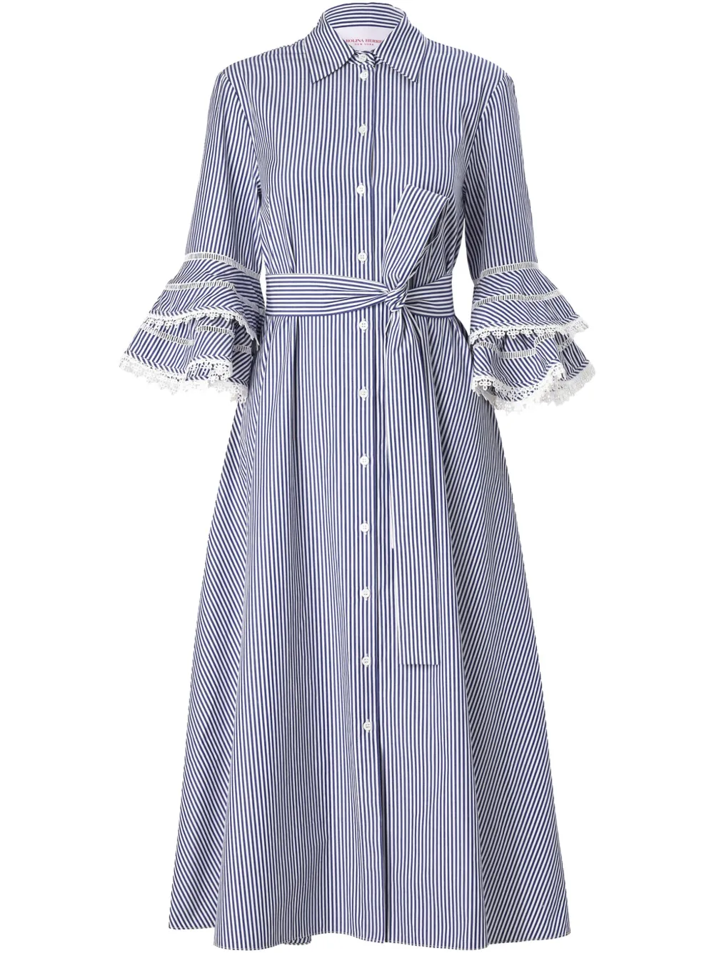

Полосатое платье-рубашка с кружевом Carolina Herrera, белый