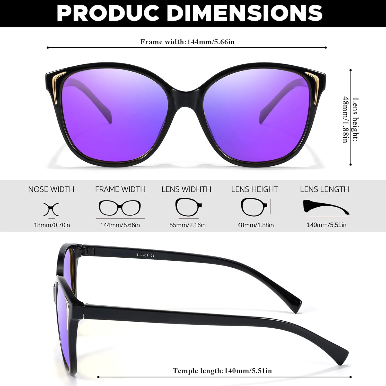 

Поляризованные солнцезащитные очки Chicid «кошачий глаз» для женщин и мужчин, в ретро-винтажной оправе, с защитой от УФ-излучения UV400, A02 Black Frame/Purple Lens