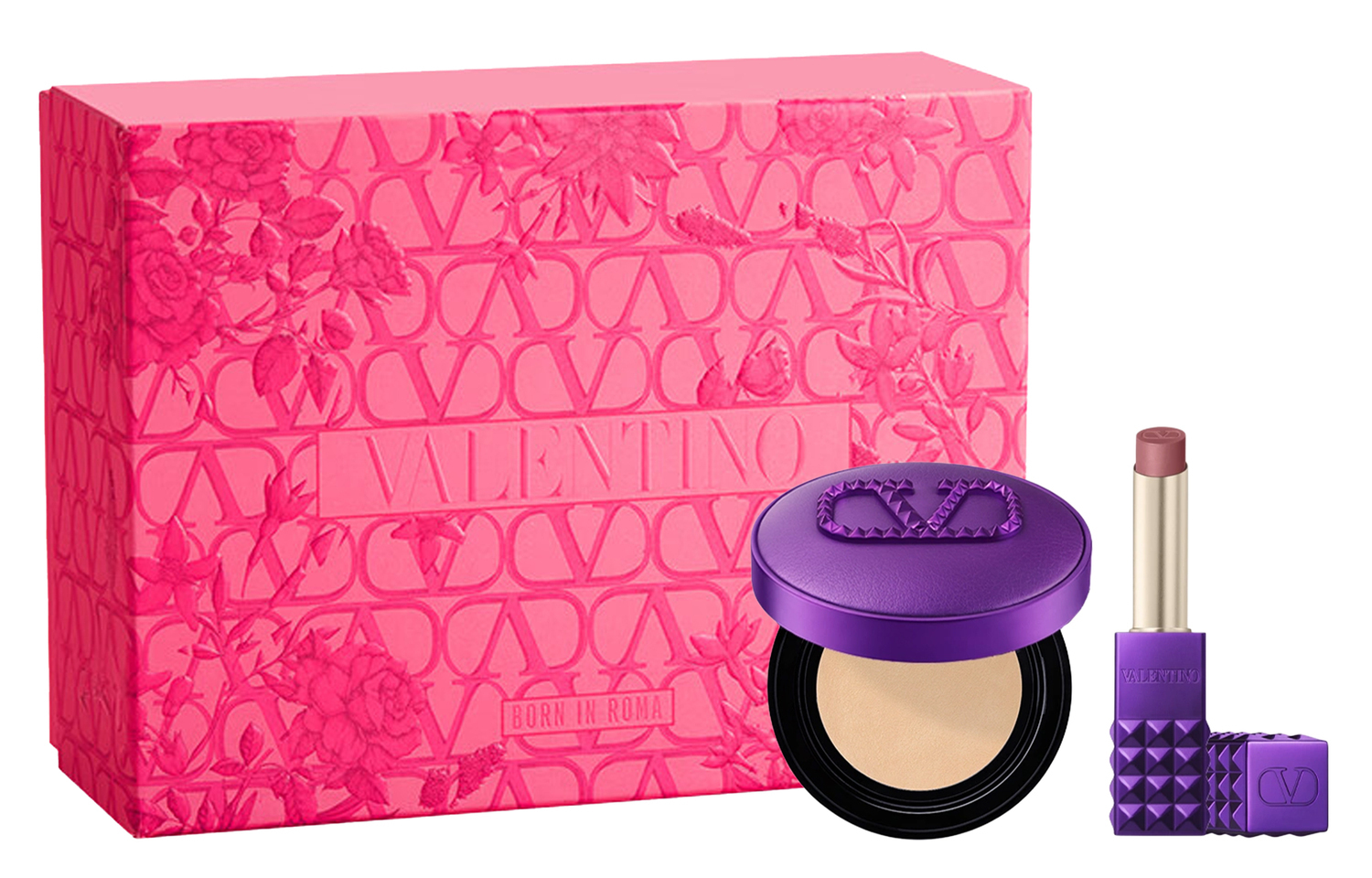 

Valentino Дикий фиолетовый тональный крем-подушечка Dewy Air Cushion и помада-студ Makeup Sets, легко растушевывается, выравнивает тон кожи, 2,3 г+12 г