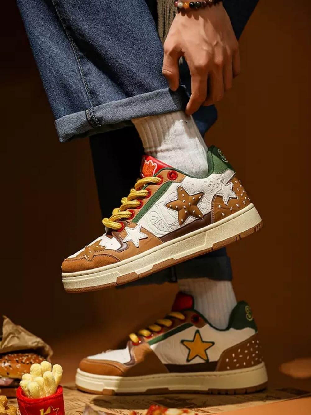 Мужские массивные кроссовки Star Shoes Y2K в ретро-стиле, кожаные кроссовки на шнуровке, легкая и удобная обувь для ходьбы для мужчин и женщин Generic, коричневый — фото 3