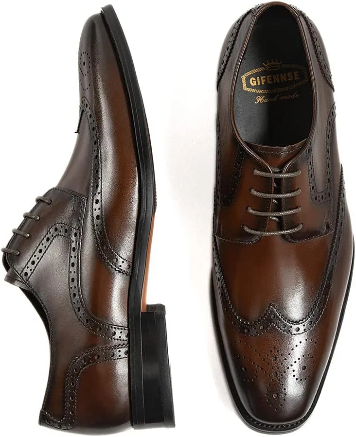Мужские классические кожаные туфли-броги GIFENNSE, Dark Brown — фото 4