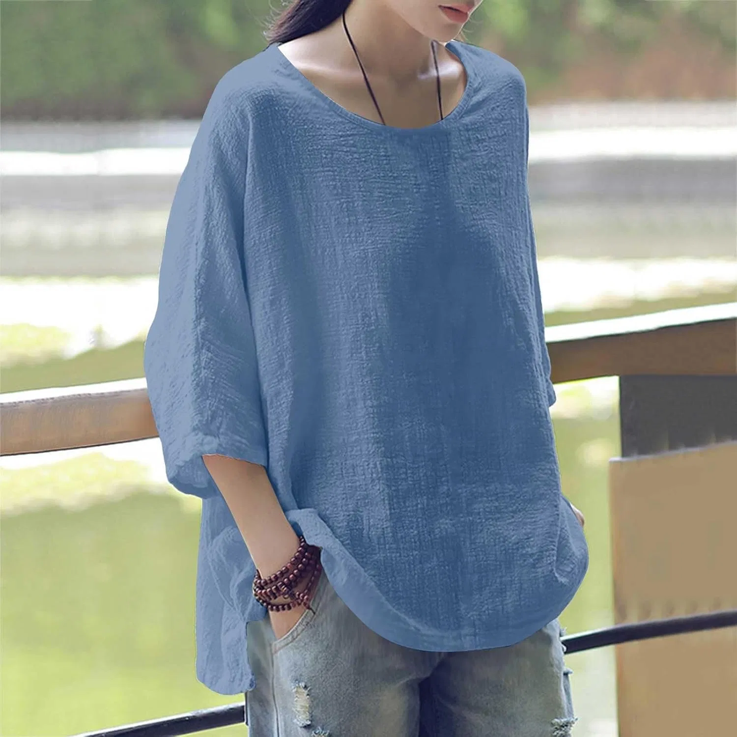 Футболка женская из хлопка и льна Relaxed Fit, синий — фото 2