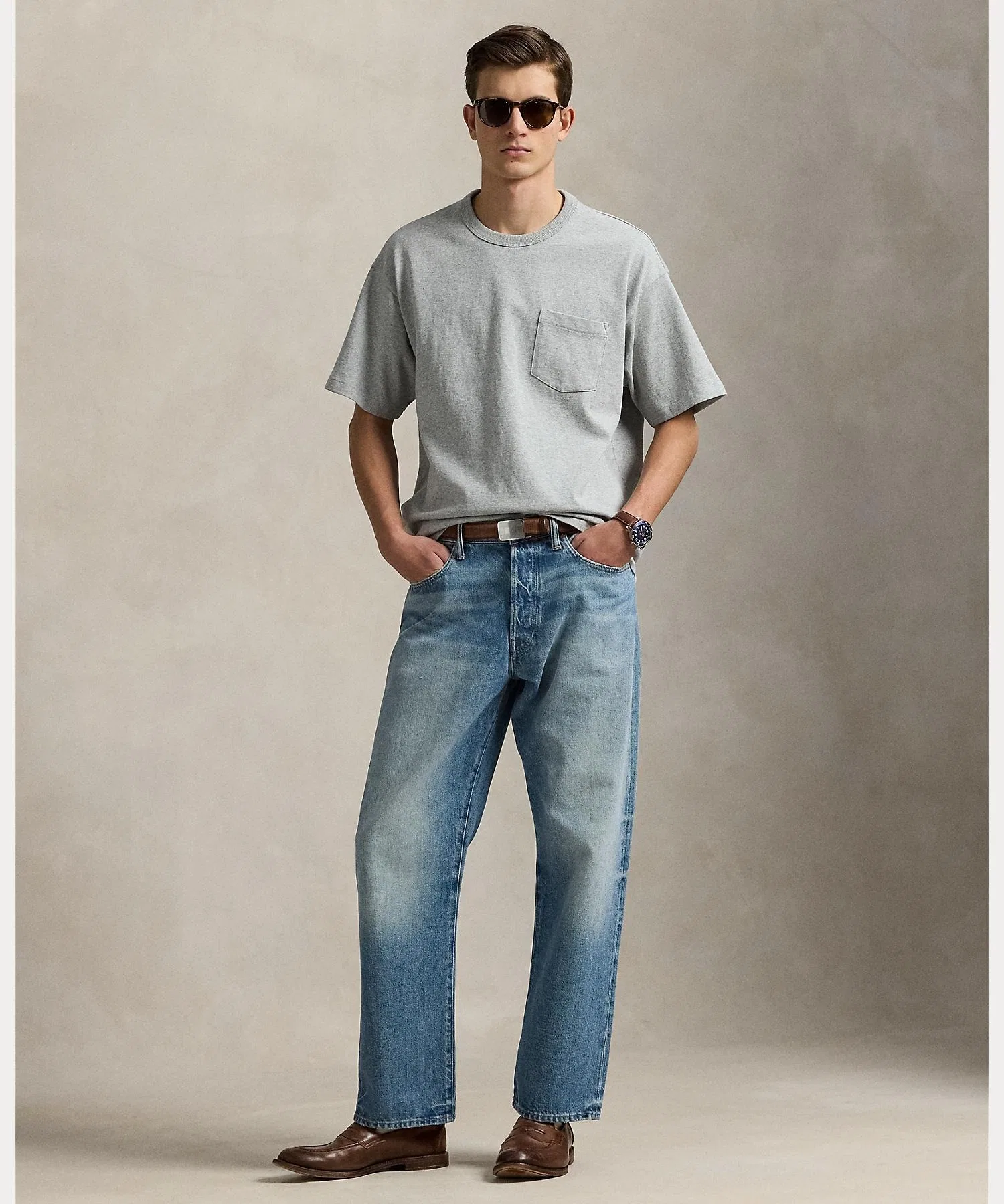 Мужская хлопковая футболка POLO RALPH LAUREN с карманом серого цвета — фото 3