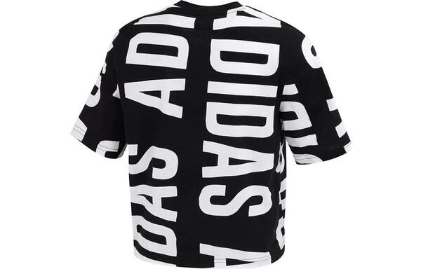 Футболка (WMNS) Adidas Essentials Oversized Allover Print Cropped T-Shirt 'Black White', черный — фото 2