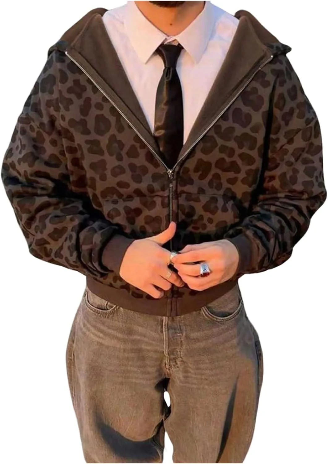 

Мужской оверсайз худи с молнией и леопардовым принтом VIPWOLF